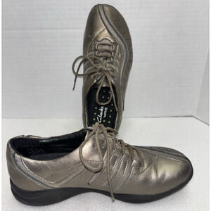 6M CLARKS Wave Walk Pewter Leather Shoes Lace Up Metallic Comfort 87822 Womens